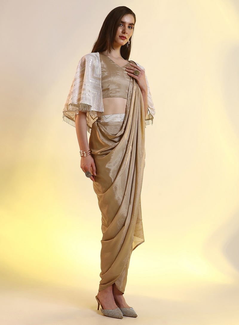 QISSA Women's French Beige Bijou Cape Pre-Draped Saree For Casual Wear | V-Neck | Cape Sleeves | 1 Piece Pre-Draped Saree Designed With Comfort Fit For Everyday Ethnic Wear - Image 3